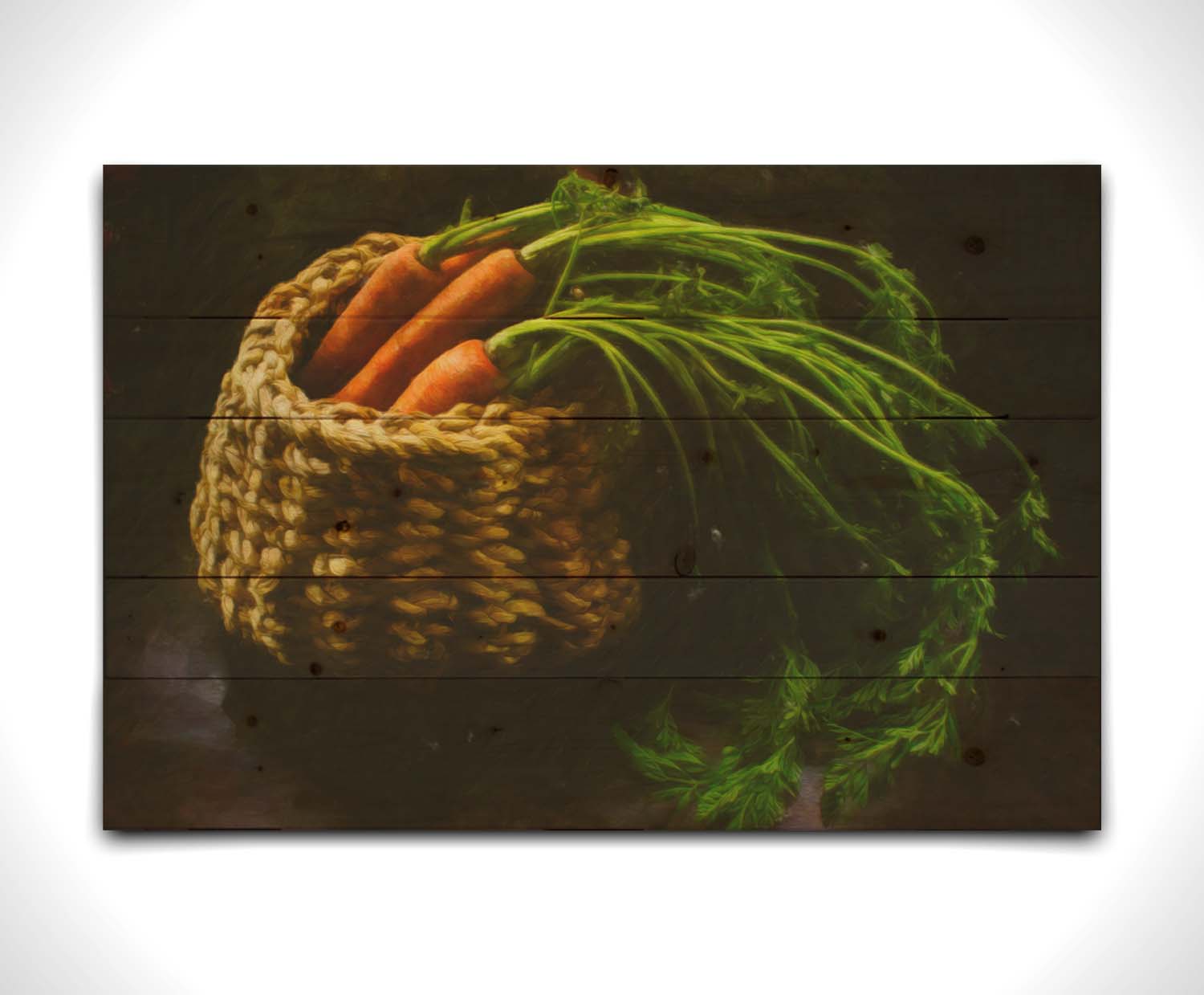 A photo of a backet of carrots on a dark background. Printed on a wood pallet.