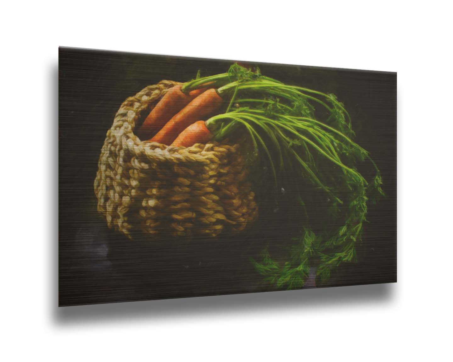 A photo of a backet of carrots on a dark background. Printed on metal.