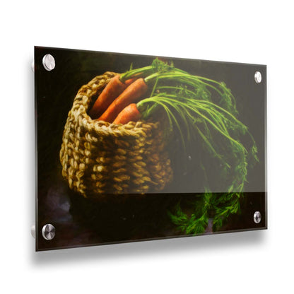 A photo of a backet of carrots on a dark background. Printed on acrylic.