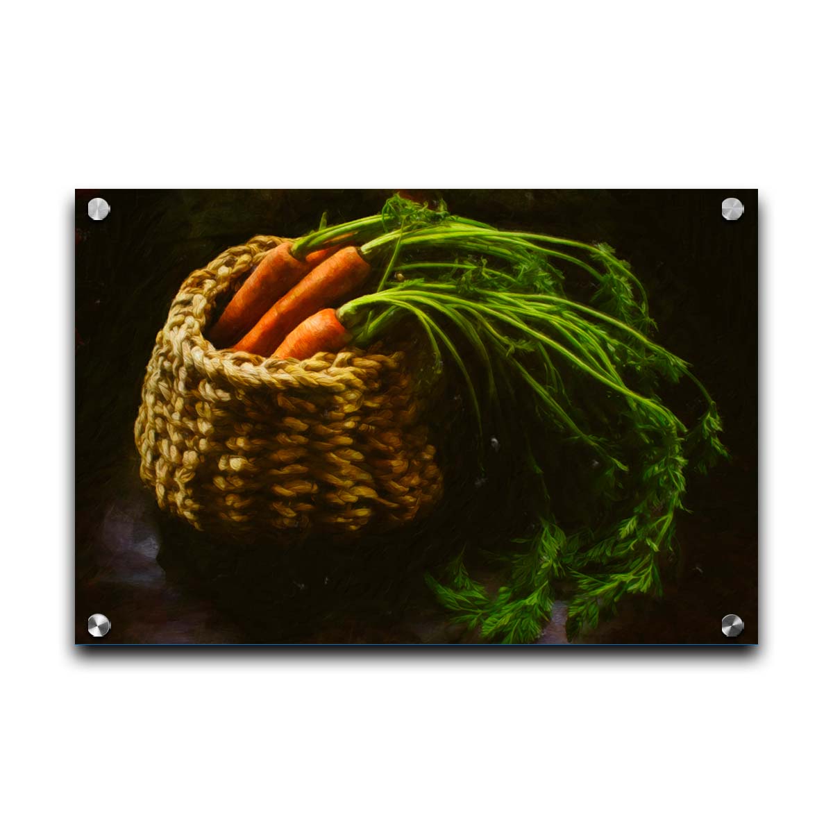 A photo of a backet of carrots on a dark background. Printed on acrylic.