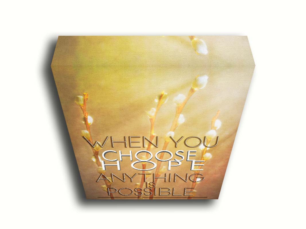 A photo of four stems of plant buds bathed in golden light. The phrase "When you choose hope, anything is possible" is superimposed on the center. Printed on canvas.