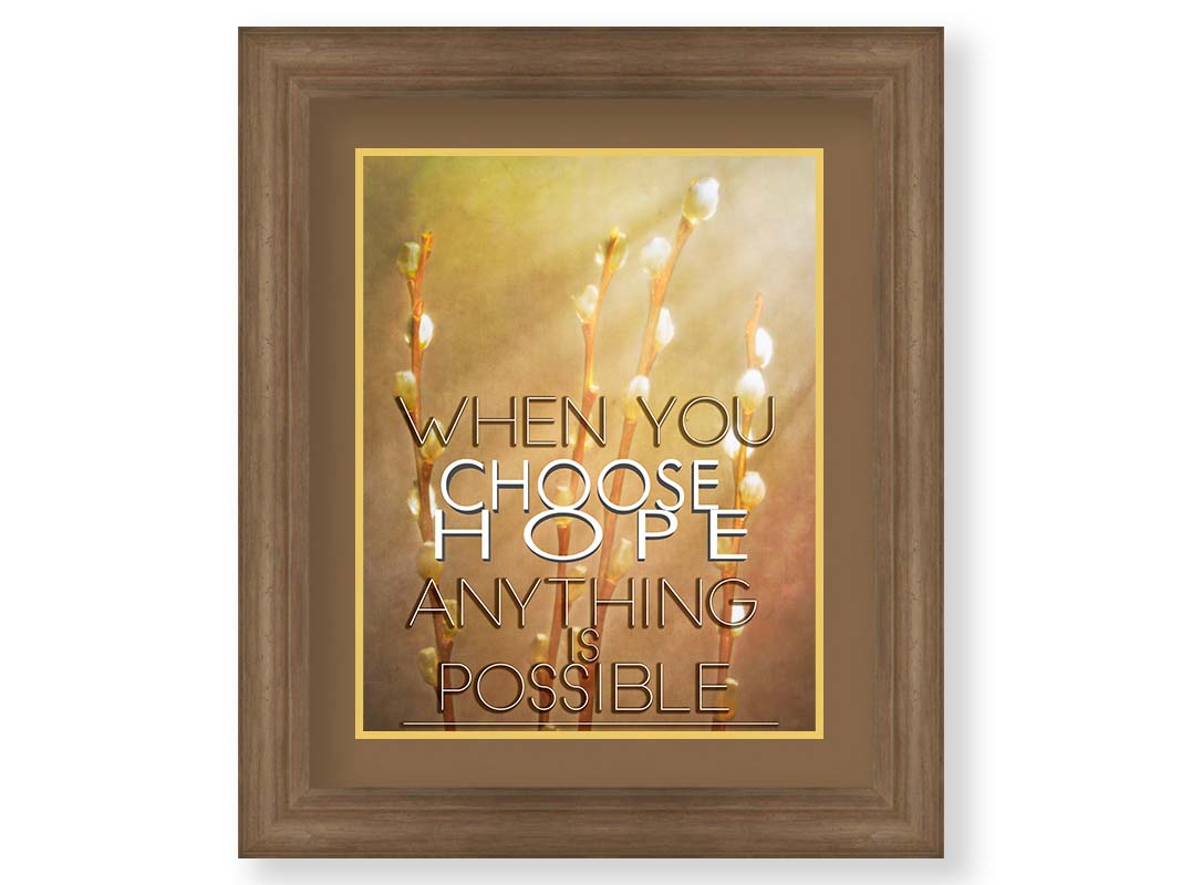 A photo of four stems of plant buds bathed in golden light. The phrase "When you choose hope, anything is possible" is superimposed on the center. Printed on paper, matted, and framed.