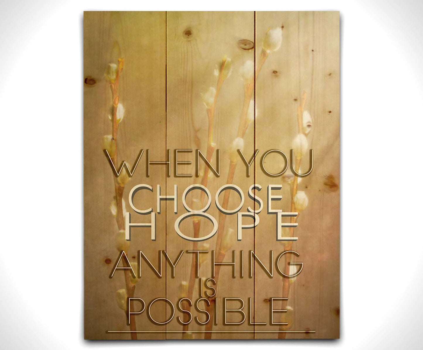 A photo of four stems of plant buds bathed in golden light. The phrase "When you choose hope, anything is possible" is superimposed on the center. Printed on a wood pallet.