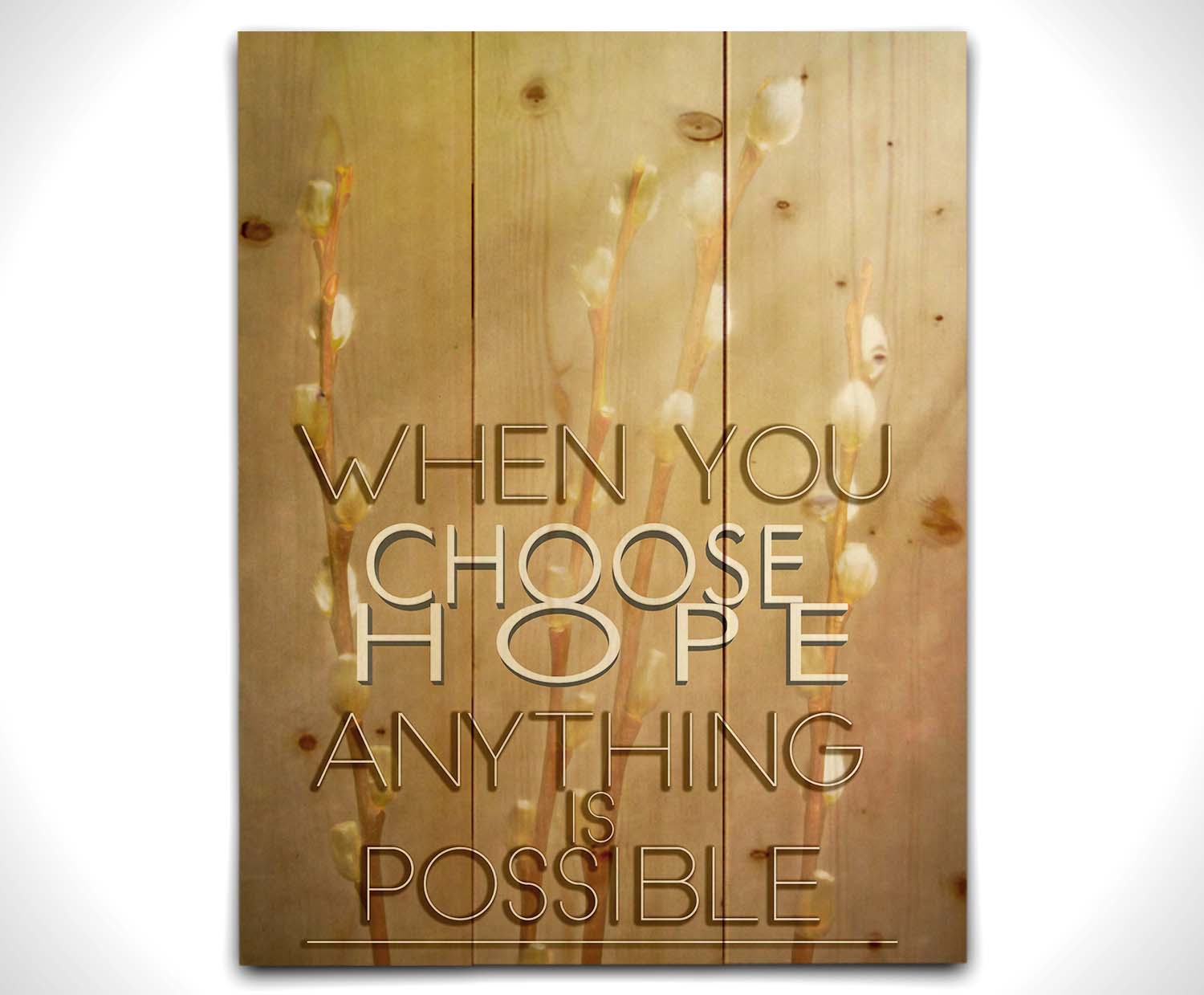 A photo of four stems of plant buds bathed in golden light. The phrase "When you choose hope, anything is possible" is superimposed on the center. Printed on a wood pallet.