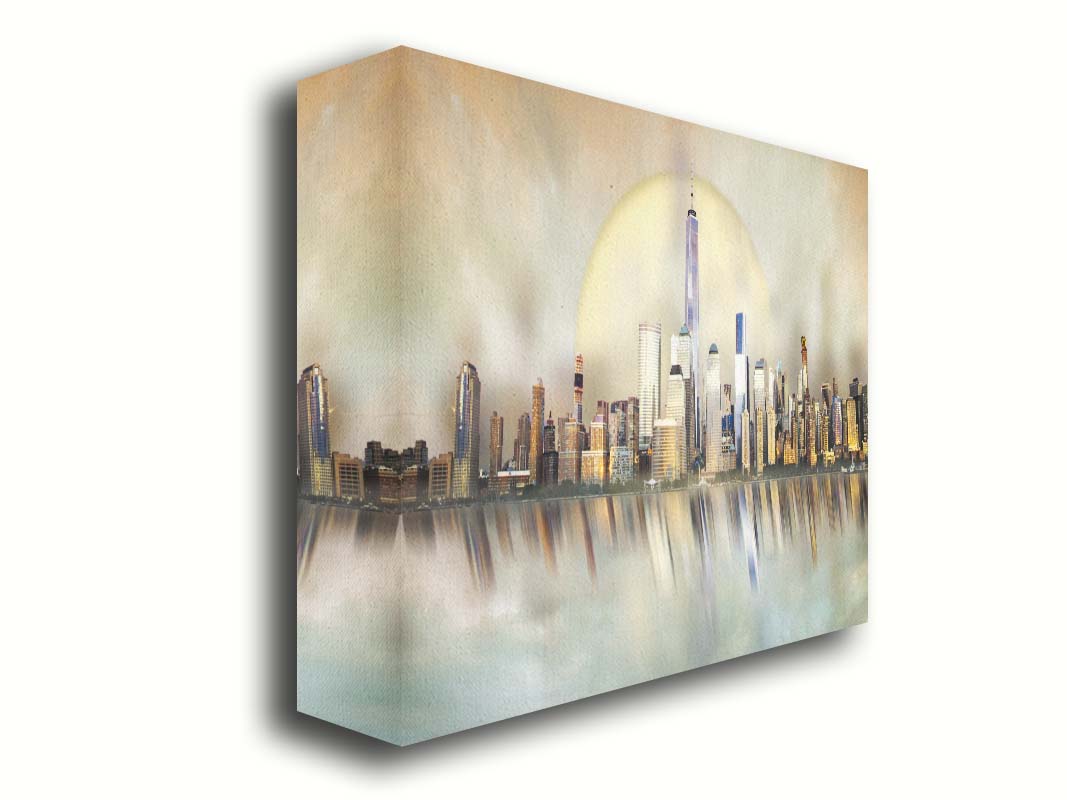 A photo edit depicting a city skyline reflected on water, with a big moon behind it. Printed on canvas.