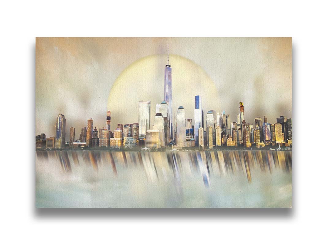 A photo edit depicting a city skyline reflected on water, with a big moon behind it. Printed on canvas.