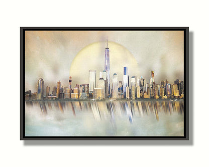 A photo edit depicting a city skyline reflected on water, with a big moon behind it. Printed on canvas in a float frame.