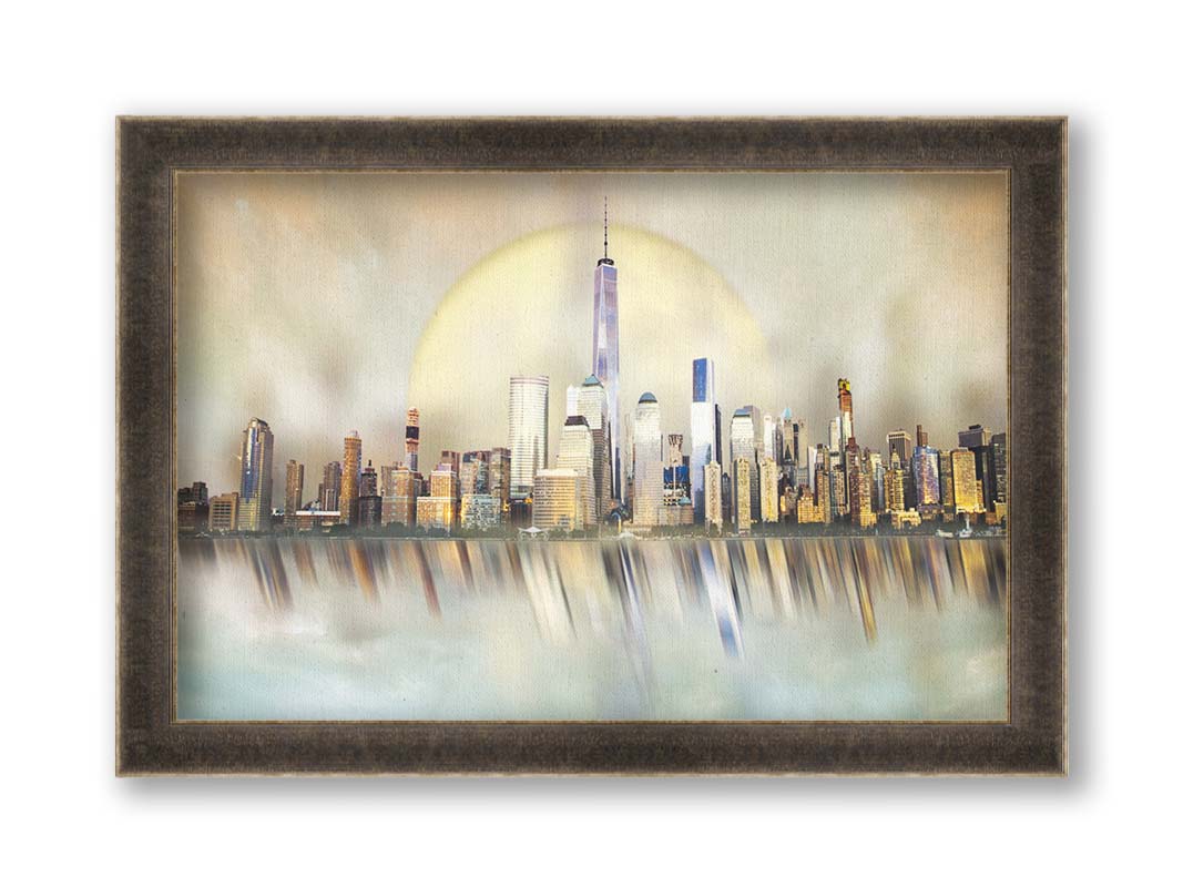 A photo edit depicting a city skyline reflected on water, with a big moon behind it. Printed on canvas and framed.