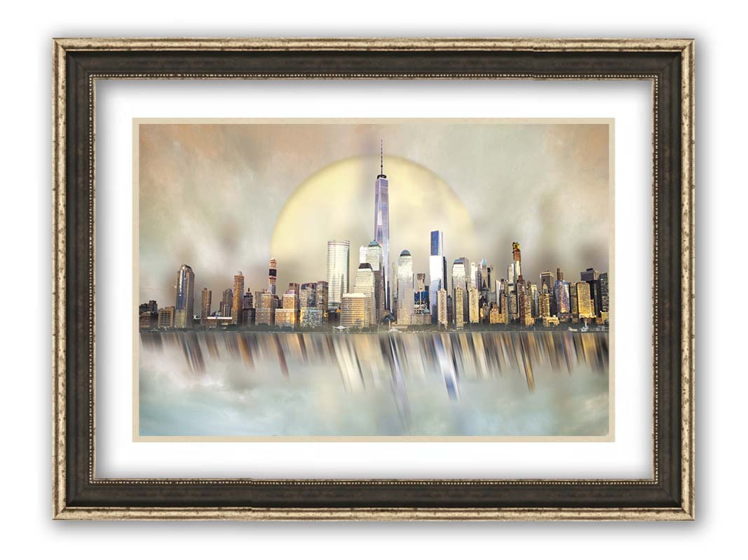 A photo edit depicting a city skyline reflected on water, with a big moon behind it. Printed on paper, matted, and framed.