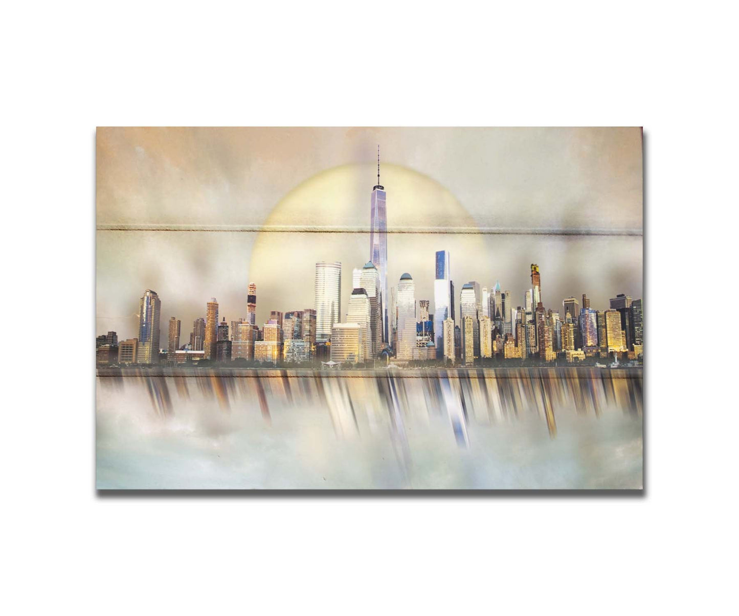 A photo edit depicting a city skyline reflected on water, with a big moon behind it. Printed on a box board.