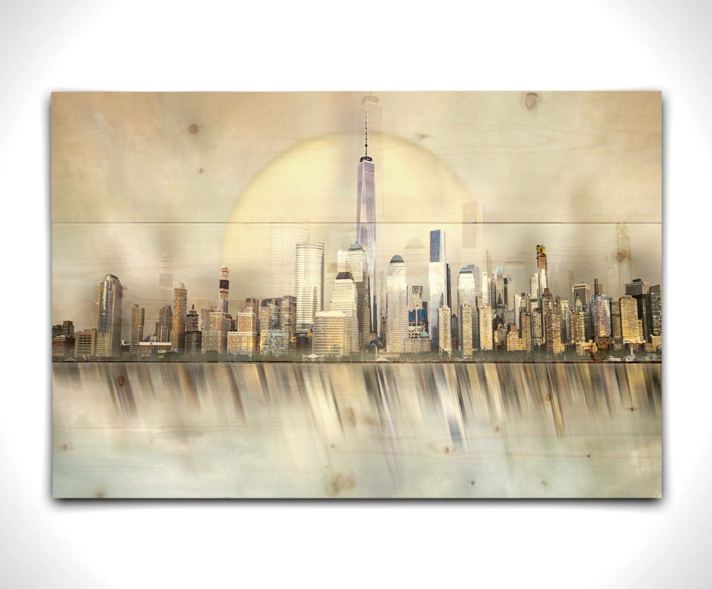 A photo edit depicting a city skyline reflected on water, with a big moon behind it. Printed on a wood pallet.