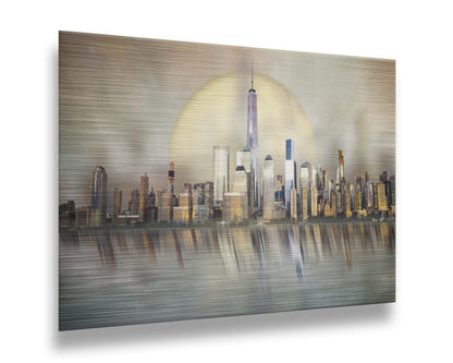 A photo edit depicting a city skyline reflected on water, with a big moon behind it. Printed on metal.