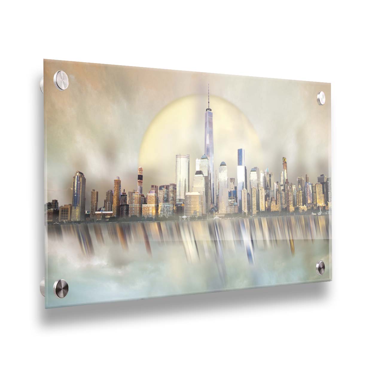 A photo edit depicting a city skyline reflected on water, with a big moon behind it. Printed on acrylic.