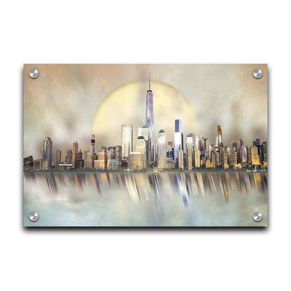 A photo edit depicting a city skyline reflected on water, with a big moon behind it. Printed on acrylic.