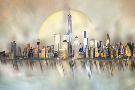 A photo edit depicting a city skyline reflected on water, with a big moon behind it. 