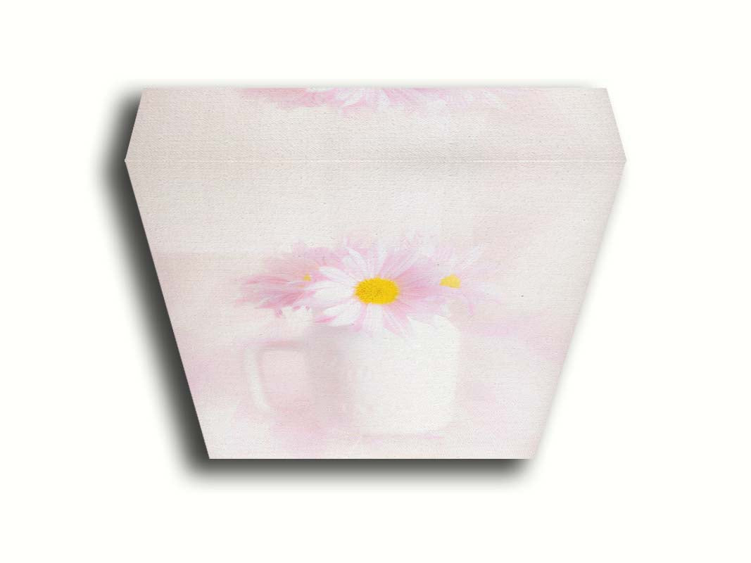 A photo of a white vase with pink daisies in a soft pink background. Printed on canvas.