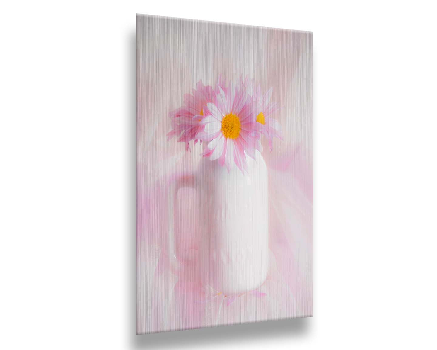 A photo of a white vase with pink daisies in a soft pink background. Printed on metal.