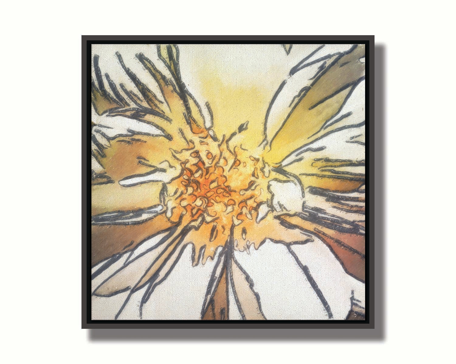 A photograph of a daisy close-up edited in a sharp, graphic style. Printed on canvas in a float frame.