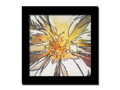 A photograph of a daisy close-up edited in a sharp, graphic style. Printed on canvas and framed.