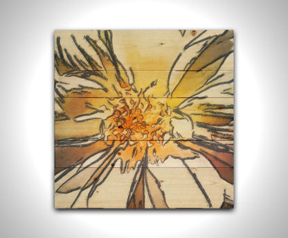 A photograph of a daisy close-up edited in a sharp, graphic style. Printed on a wood pallet.