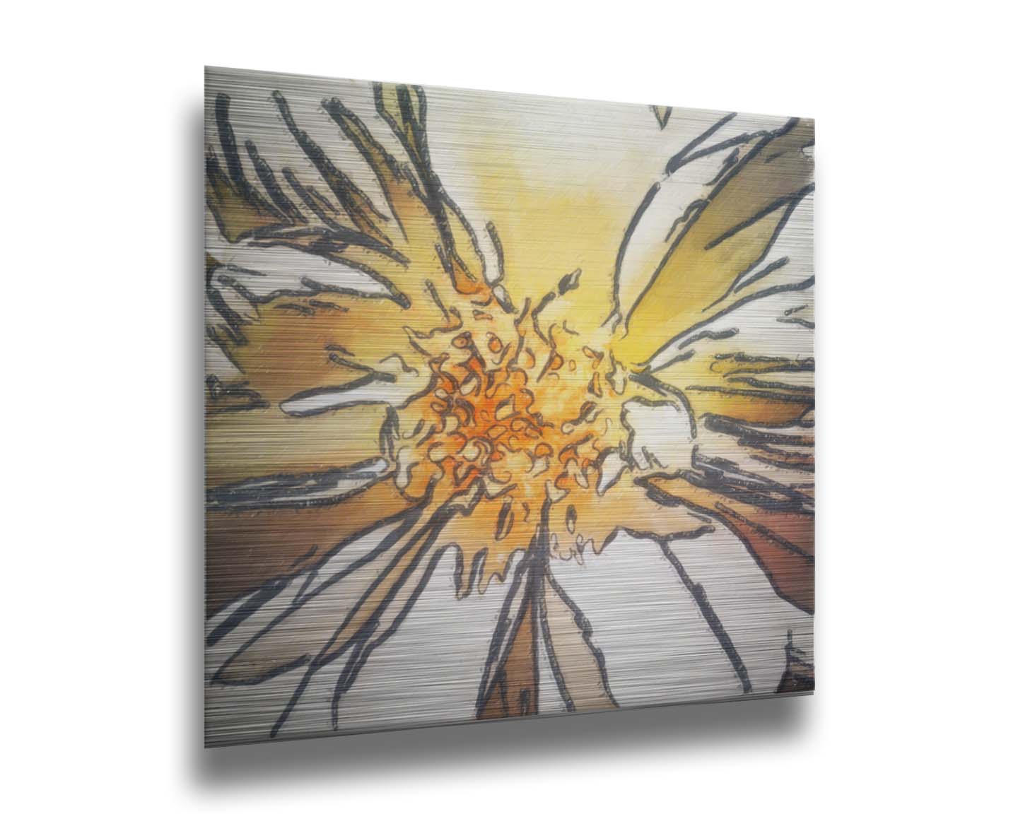 A photograph of a daisy close-up edited in a sharp, graphic style. Printed on metal.