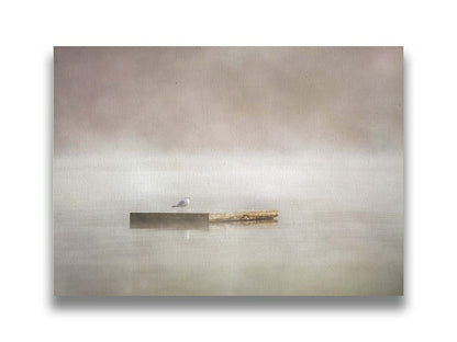 A photo of a seagull standing on a floating dock in the middle of the gray and misty waters. Printed on canvas.