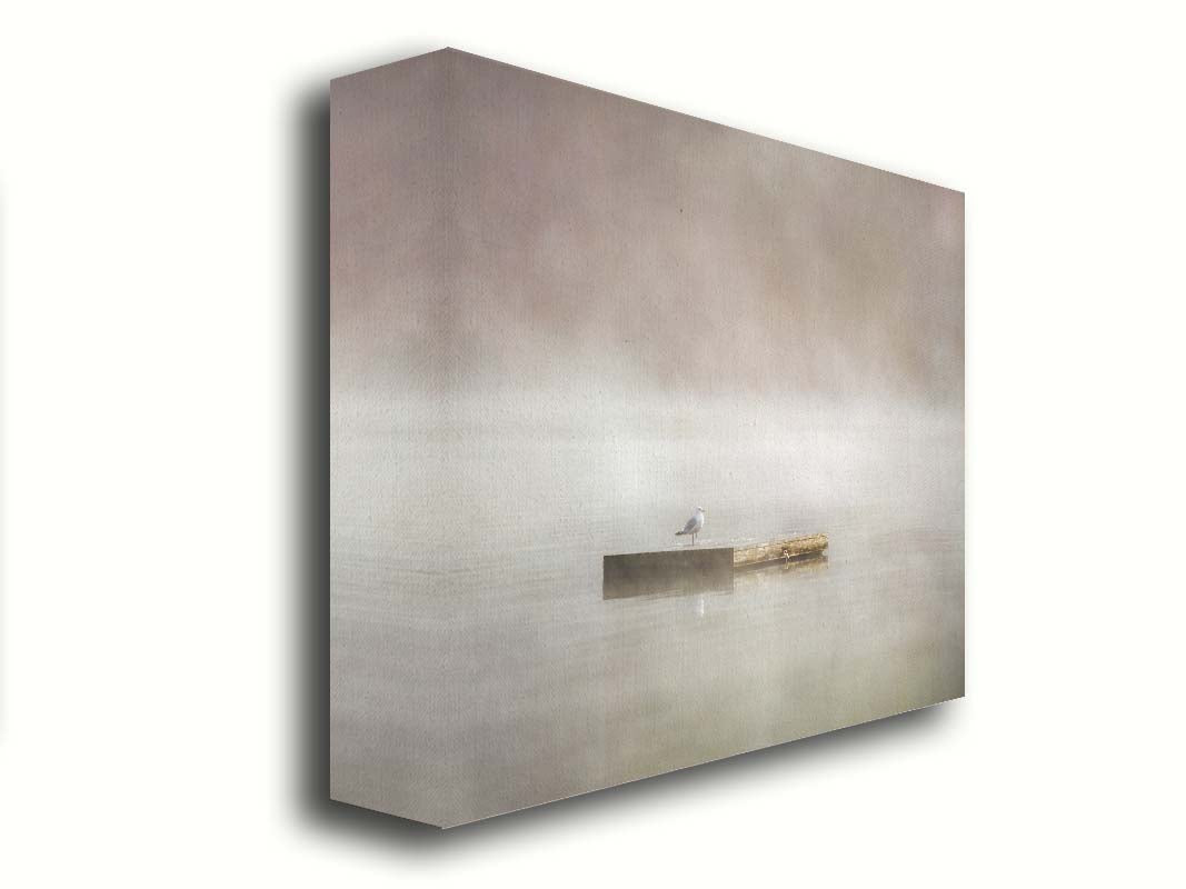 A photo of a seagull standing on a floating dock in the middle of the gray and misty waters. Printed on canvas.