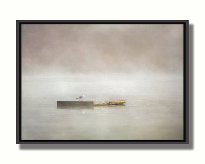 A photo of a seagull standing on a floating dock in the middle of the gray and misty waters. Printed on canvas in a float frame.