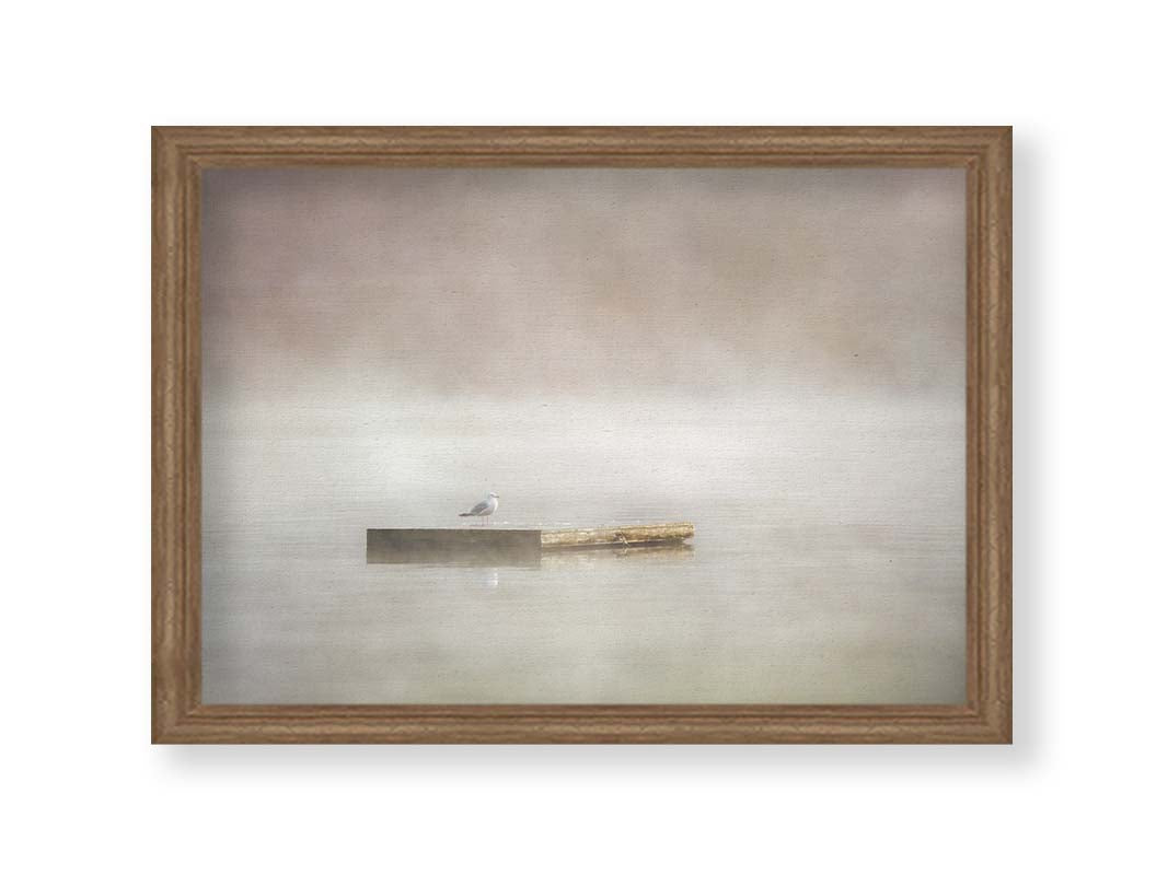 A photo of a seagull standing on a floating dock in the middle of the gray and misty waters. Printed on canvas and framed.