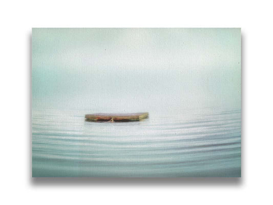 A photo of a small square dock floating on the water. The sky and water blur together. Printed on canvas.