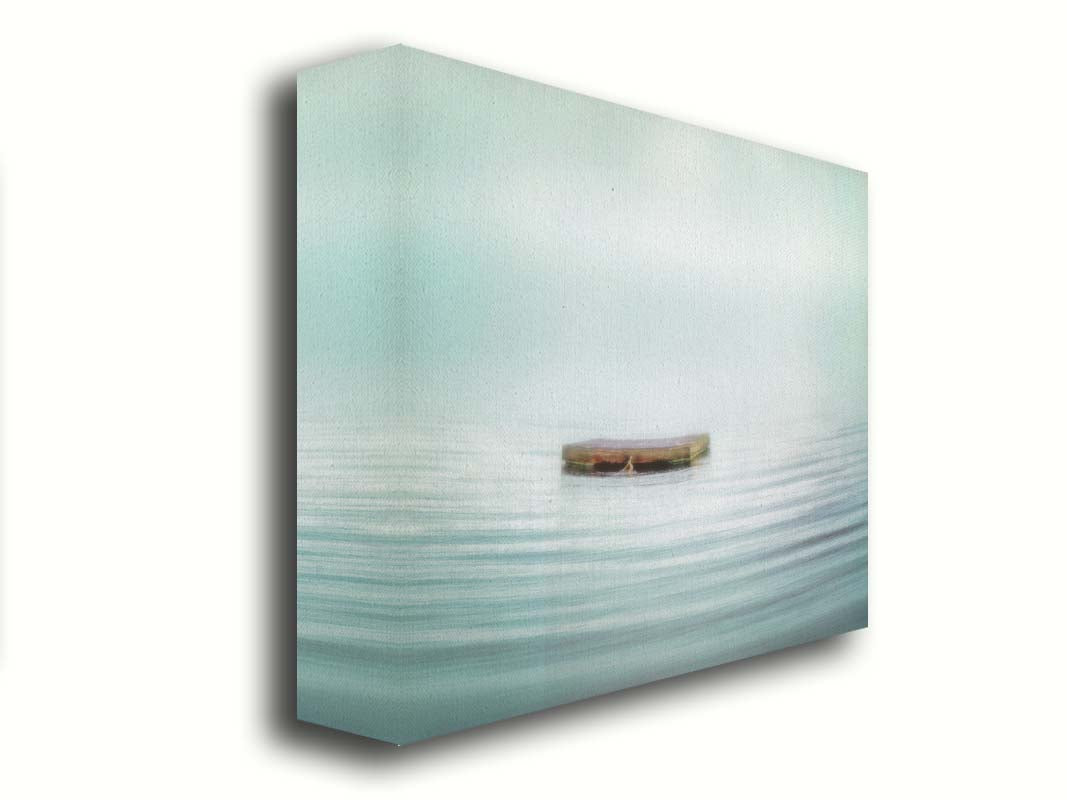 A photo of a small square dock floating on the water. The sky and water blur together. Printed on canvas.