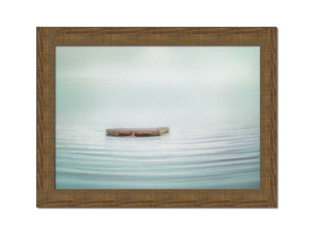 A photo of a small square dock floating on the water. The sky and water blur together. Printed on canvas and framed.