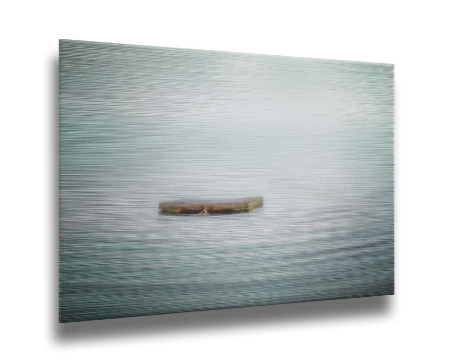 A photo of a small square dock floating on the water. The sky and water blur together. Printed on metal.
