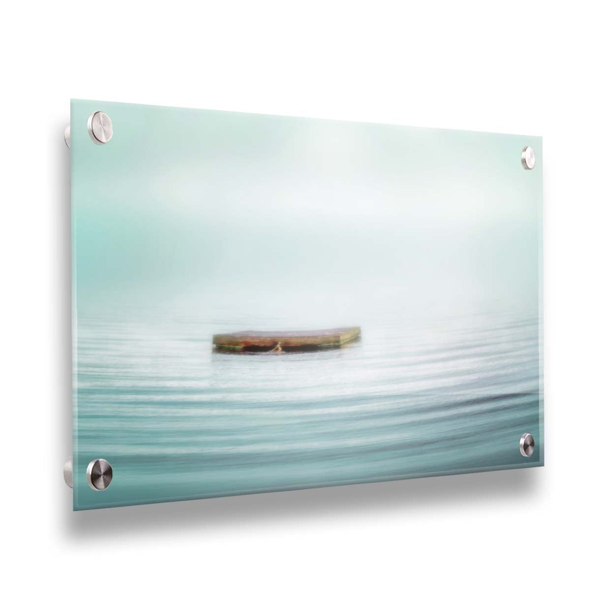 A photo of a small square dock floating on the water. The sky and water blur together. Printed on acrylic.