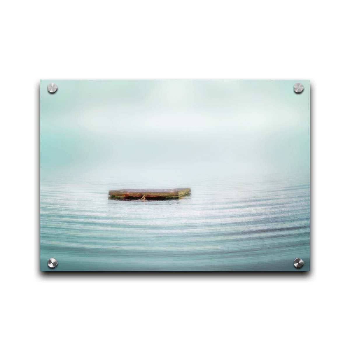 A photo of a small square dock floating on the water. The sky and water blur together. Printed on acrylic.