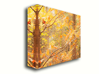 A photo close-up on tree branches covered in orange and yellow leaves. Printed on canvas.