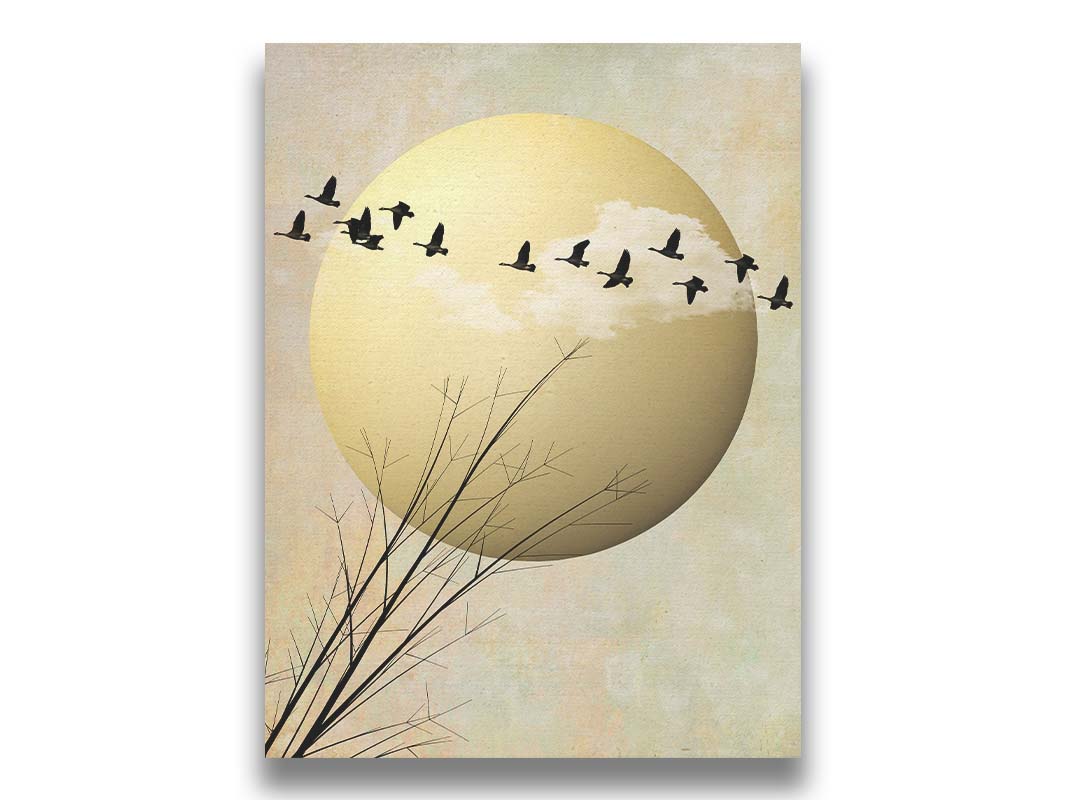 A photo collage art piece of migratory birds flying south for the winter, silhouetted against a big gold moon. Printed on canvas.