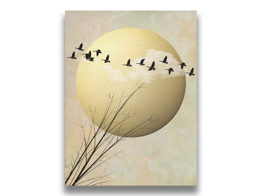 A photo collage art piece of migratory birds flying south for the winter, silhouetted against a big gold moon. Printed on canvas.