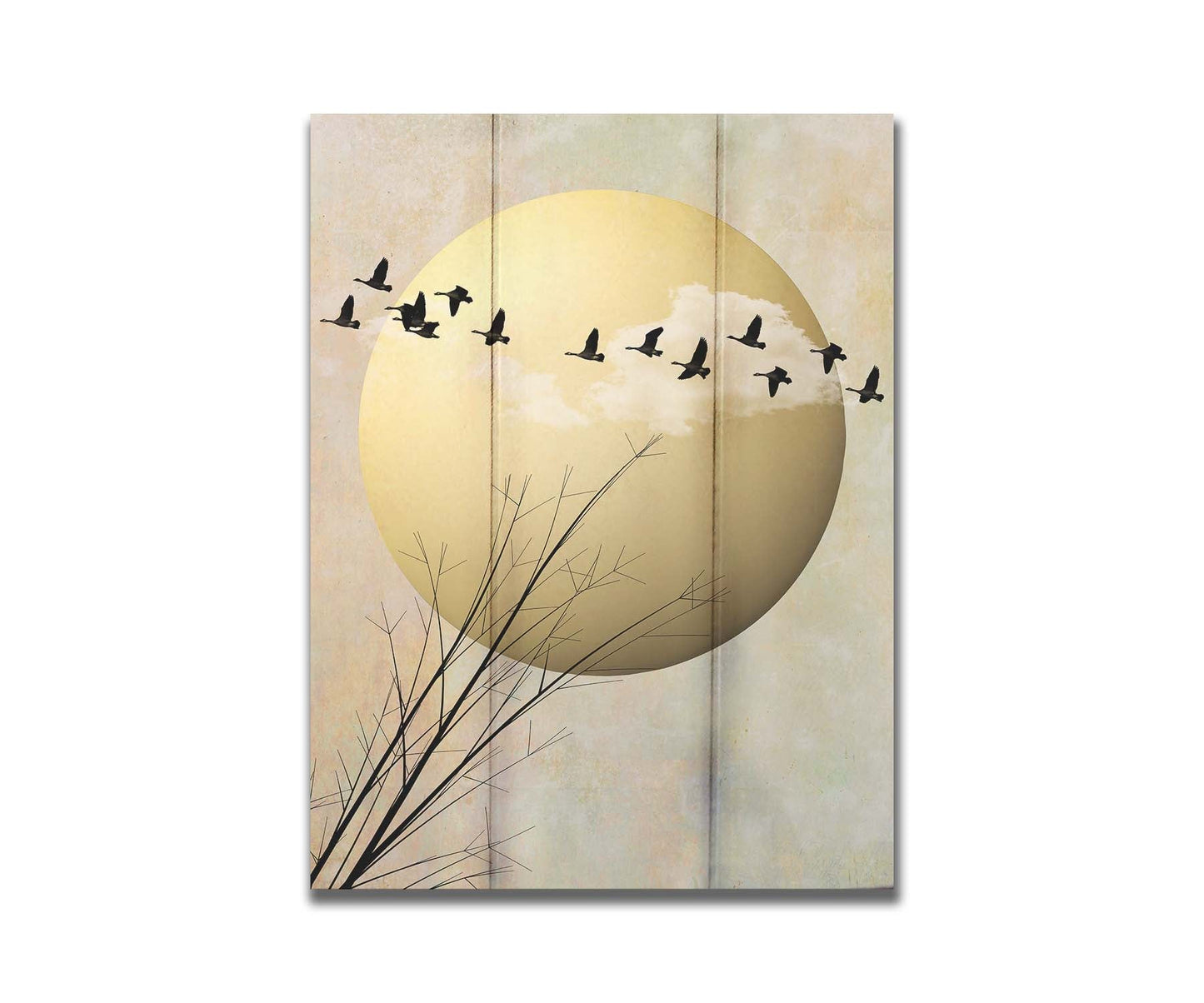 A photo collage art piece of migratory birds flying south for the winter, silhouetted against a big gold moon. Printed on a box board.