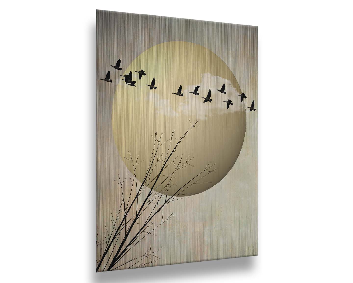 A photo collage art piece of migratory birds flying south for the winter, silhouetted against a big gold moon. Printed on metal.