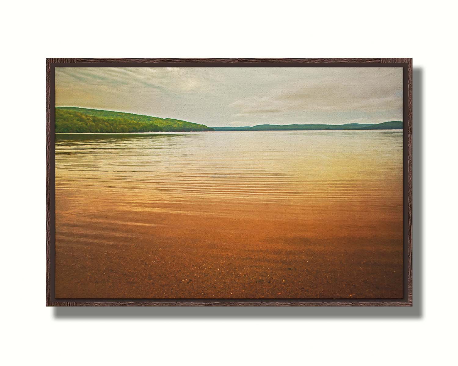 A painting of the orange sunlight reflecting off the ocean. Printed on canvas in a float frame.