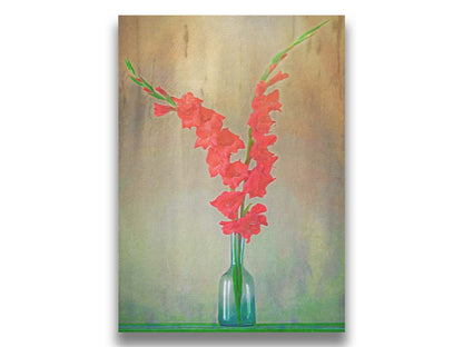 A photo of two red gladiolus flower spikes in a small blue vase. Printed on canvas.