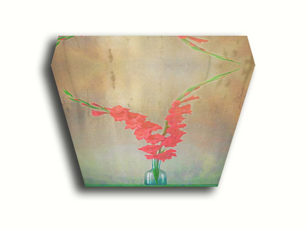 A photo of two red gladiolus flower spikes in a small blue vase. Printed on canvas.