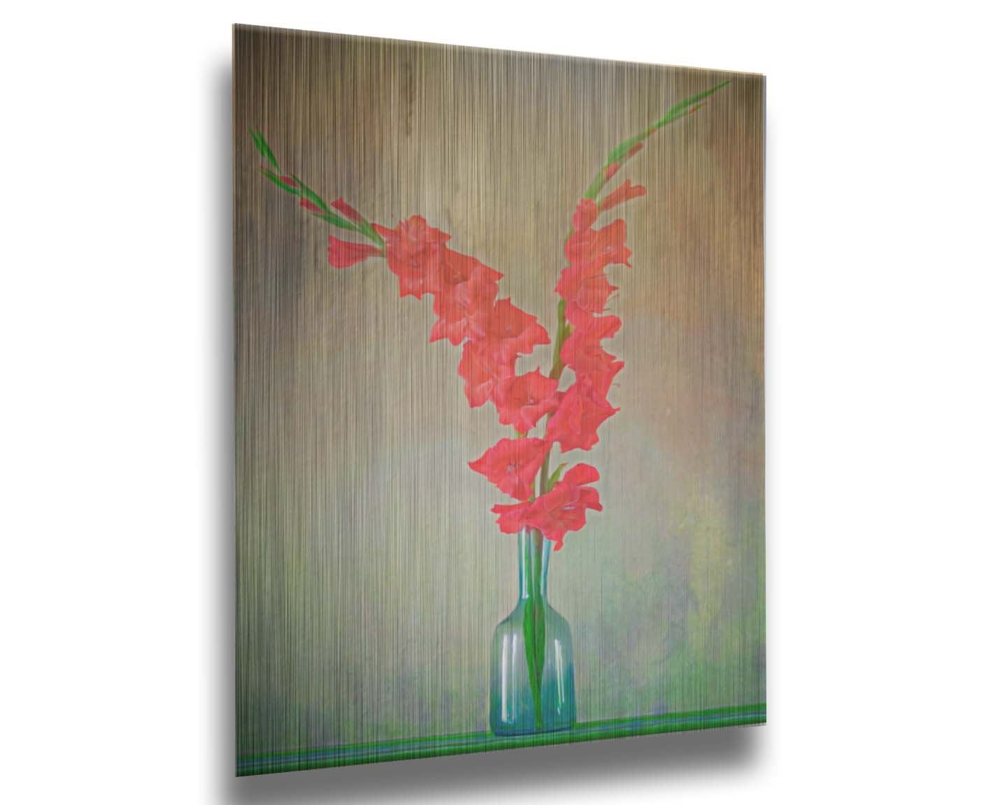 A photo of two red gladiolus flower spikes in a small blue vase. Printed on metal.