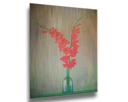 A photo of two red gladiolus flower spikes in a small blue vase. Printed on metal.