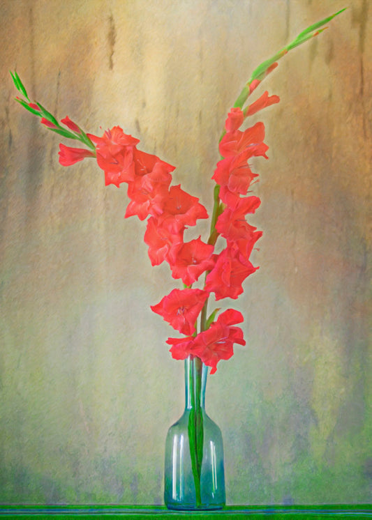 A photo of two red gladiolus flower spikes in a small blue vase.