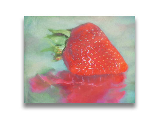 A photo of a strawberry sitting on a reflective surface. It is edited to have a painterly appearance. Printed on canvas.