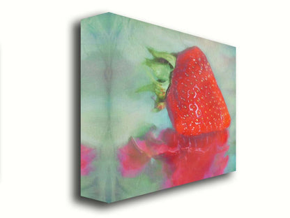 A photo of a strawberry sitting on a reflective surface. It is edited to have a painterly appearance. Printed on canvas.