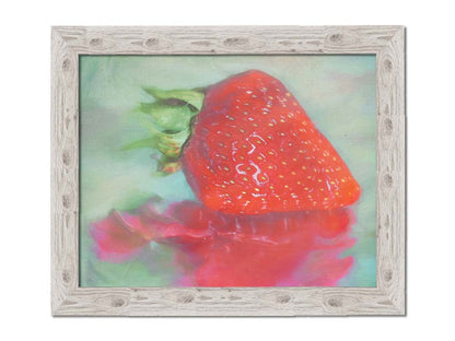 A photo of a strawberry sitting on a reflective surface. It is edited to have a painterly appearance. Printed on canvas and framed.