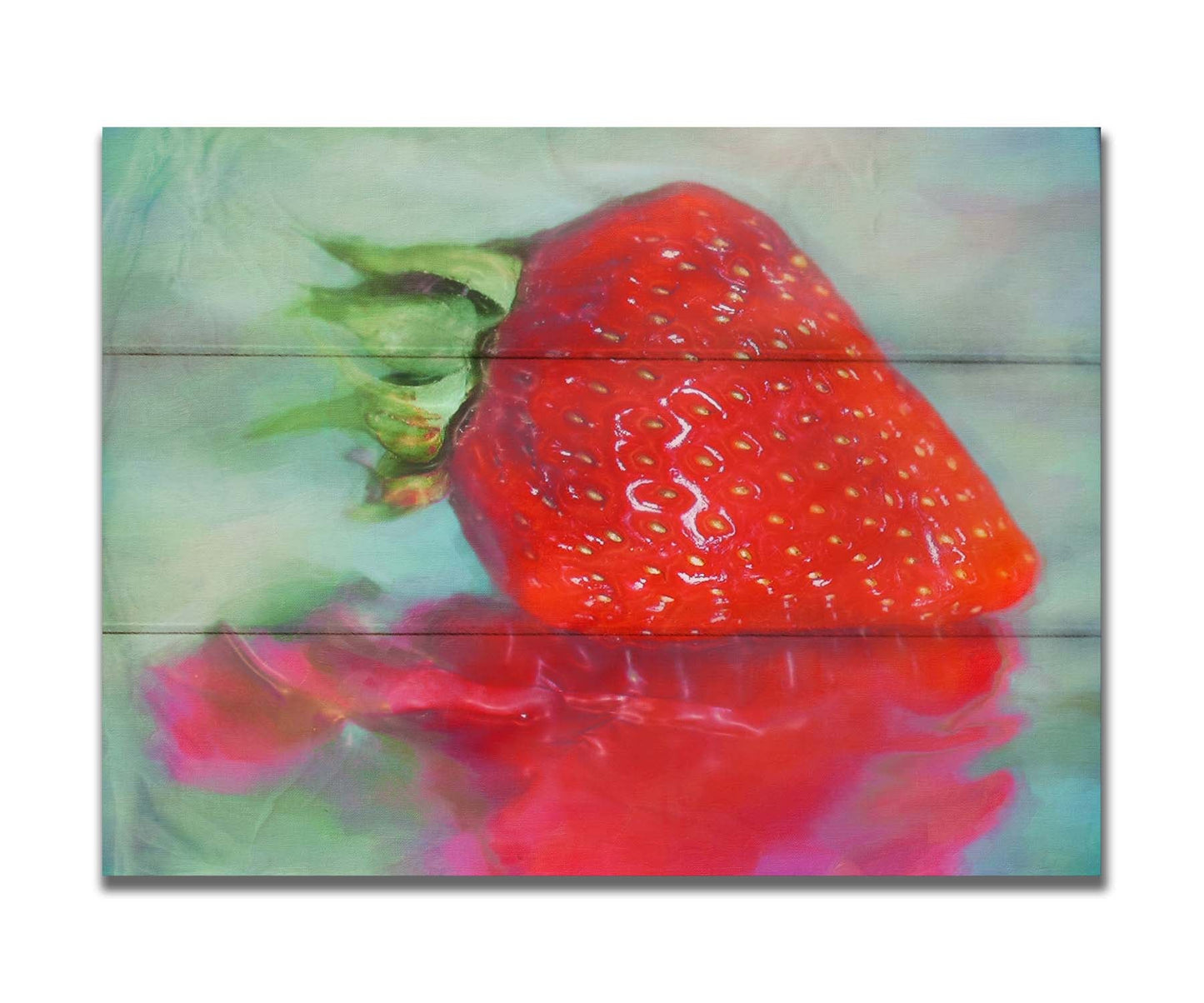 A photo of a strawberry sitting on a reflective surface. It is edited to have a painterly appearance. Printed on a box board.